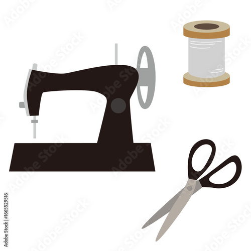 ミシンと裁縫道具のイラスト素材セット
