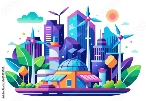 Illustration of a vibrant, futuristic city with skyscrapers, wind turbines, and green spaces, symbolizing a smart, sustainable, and eco-friendly urban environment.