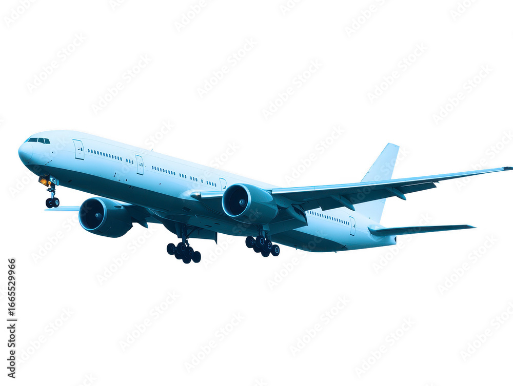 Obraz premium Large commercial airplane white jet flying landing gear extended isolated modern aircraft travel transportation aviation blue sky background