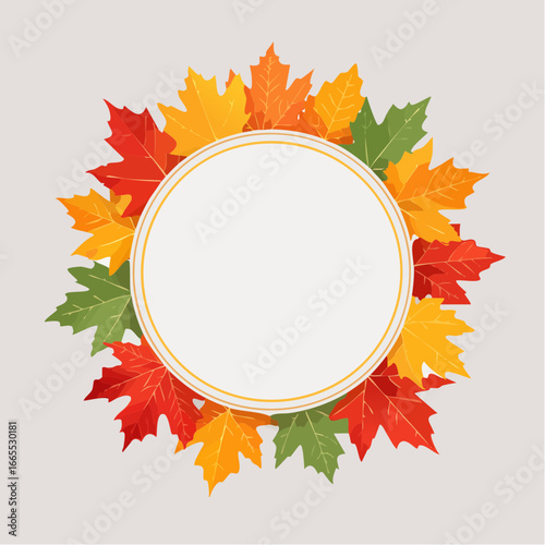 紅葉の円形フレームをあしらった秋の植物デザイン