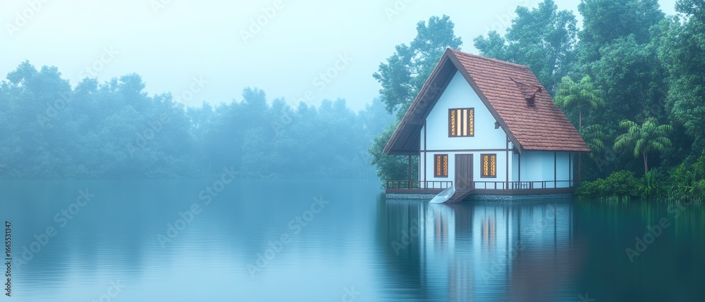 Obraz premium Lakeside house in misty waters surrounded by dense green trees reflecting in water