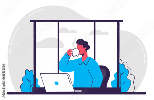 A flat-style illustration of a man sitting at a desk with a laptop, drinking from a mug by a large window, depicting remote work or a coffee break.