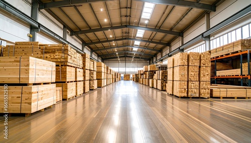 A large warehouse interior is filled with numerous stacks of light-colored lumber, neatly organized in rows, highlighting the efficiency of the lumber storage facility.