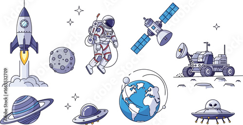 Dynamic space exploration illustrations with rocket, astronaut, and planets elements