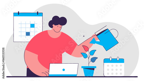 A flat-style illustration of a person watering a small plant on a desk with a laptop and calendars, symbolizing growth, planning, and nurturing a project.