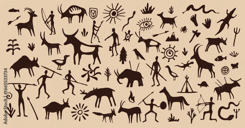 Fototapeta Cave painting, ancient prehistoric drawings of animals and tribal people vector silhouettes. Ancient cave stone wall primitive paintings of cavemen hunters, deer, birds, reptiles and fish, sun, plants