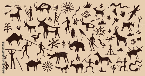 Cave painting, ancient prehistoric drawings of animals and tribal people vector silhouettes. Ancient cave stone wall primitive paintings of cavemen hunters, deer, birds, reptiles and fish, sun, plants