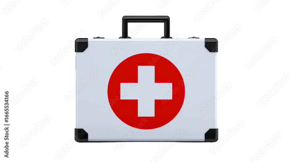 Obraz premium First aid kit medical box emergency healthcare white red cross portable plastic handle First aid kit with red cross symbol white plastic medical box portable emergency healthcare container with