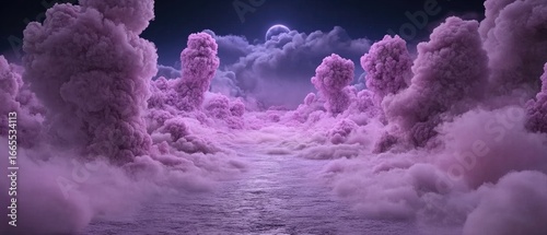 Dreamy, ethereal scene of fluffy pink clouds leading to a luminous horizon with moody sky above