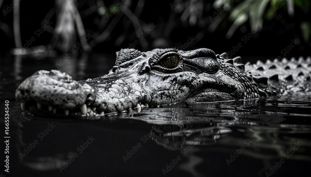 Obraz premium Close-up view of a crocodile's head and upper body, showcasing intricate details of its skin texture and sharp teeth, set against a dark, water-filled environment.