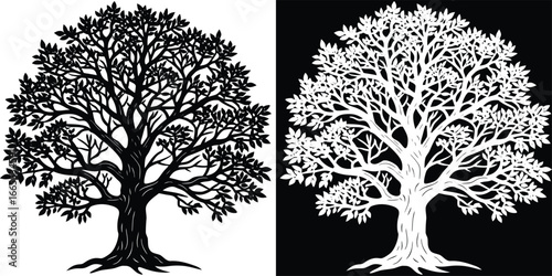 Majestic silhouette tree with intricate branches and abundant leaves, presented in striking black and white contrast