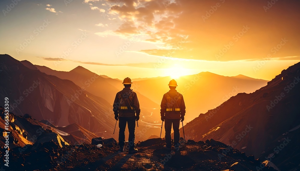 Obraz premium Two workers stand silhouetted against a dramatic mountain sunrise, their backs to the viewer.
