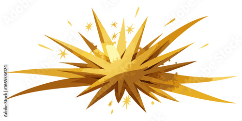 Dynamic golden explosion or burst effect with sharp, radiating spikes and sparkling stars. Ideal for celebrations, impact, awards, special offers, or powerful graphic design elements.