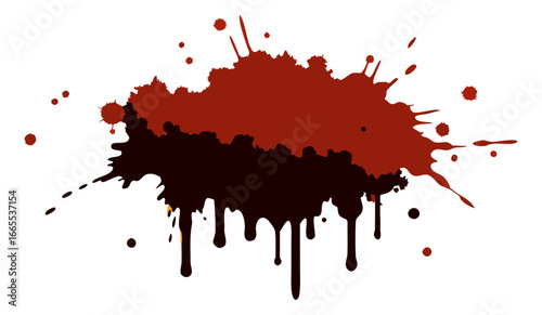 Set of two paint splatters: a black ink blot and a dripping, bloody stain. Grungy vector graphics ideal for horror, street art, Halloween, or distressed design overlays and backgrounds.