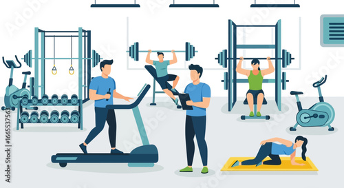 People exercising and lifting weights in modern gym for fitness motivation