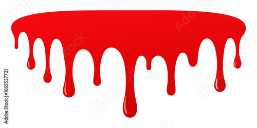 shiny red liquid or blood dripping down a horizontal surface. A glossy, cartoon vector graphic perfect for horror, Halloween, warning, or sweet confectionery themed backgrounds and borders.