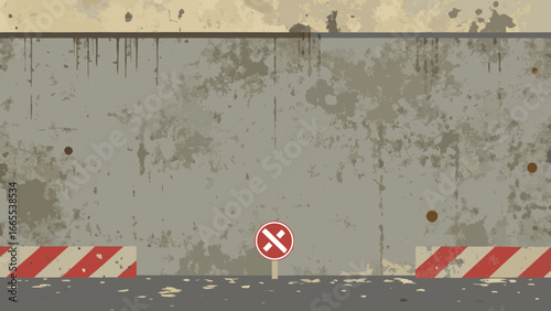 Grungy concrete wall background with weathering, stains, and peeling paint. Features a cracked asphalt floor, hazard stripes, and a small no entry sign for a distressed urban aesthetic.