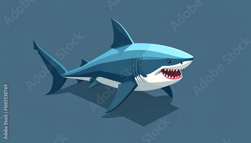 A stylized, graphic representation of a great white shark, set against a muted blue background, showcasing its formidable teeth and powerful form in a three-dimensional, isometric style.