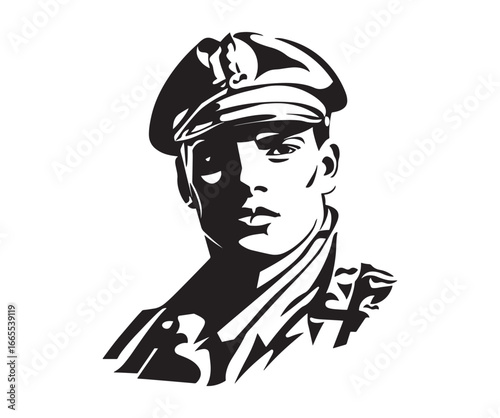 Black and white military officer portrait vector illustration 