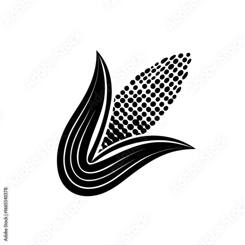 Stylized black silhouette of an ear of corn with husk, featuring dotted kernels and curved husk lines