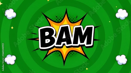 Energetic graphic of cartoon speech bubble with the word bam on green background