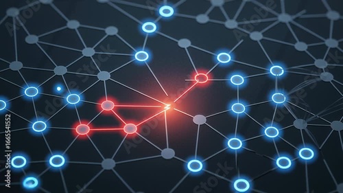 Power outage network connection disruption with glowing red and blue nodes and broken link symbol representing technology flow and node disruption