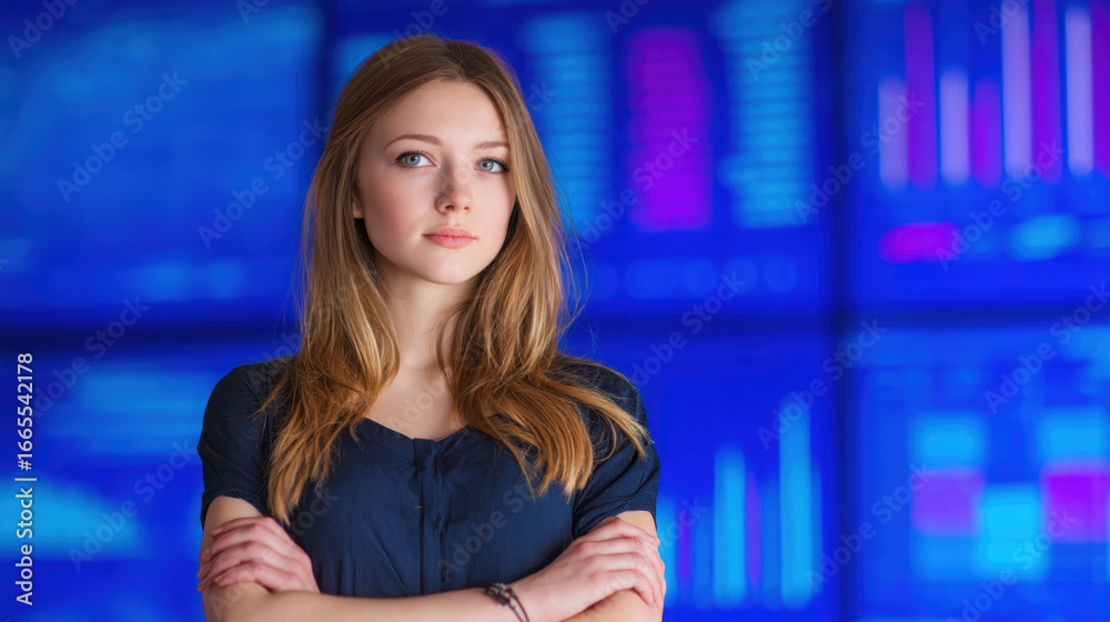 Obraz premium Confident young woman with long hair standing in front of digital display, showcasing financial graphs and data. blue background adds modern and professional touch