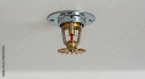 Activating sprinkler system on a white ceiling shows a home safety sprinkler spraying water for fire prevention.