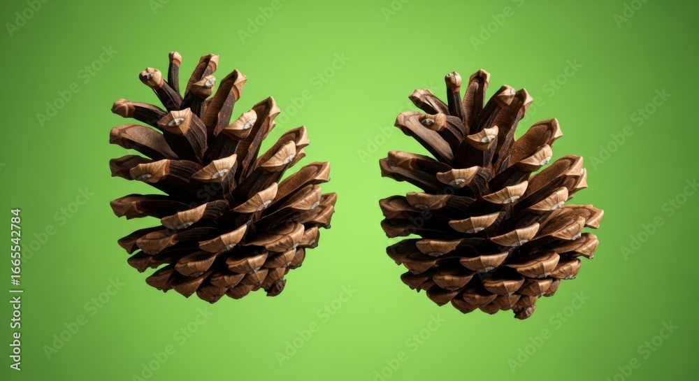 Fototapeta premium Two Brown Pinecones on Bright Green Background for Nature or Craft Projects