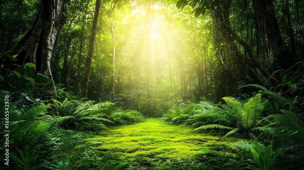 Fototapeta premium Lush Green Rainforest Path Sunlight Mossy Trail