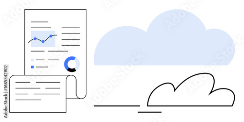 Financial report with charts and graphs next to a cloud visual. Ideal for data management, analytics, cloud storage, finance, productivity, technology, networking. Simple flat metaphor