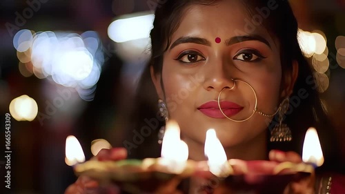 Wallpaper Mural Young Indian Woman Celebrates Festival of Lights with Diyas and Bokeh Lights. Torontodigital.ca