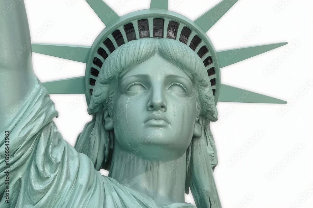 Obraz premium Weeping Statue Liberty, NYC closeup, sorrow, white background, patriotic