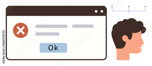 Error message popup with button, user profile in side view, tech interface elements. Ideal for technology, problem-solving, user error, software design, communication, decision-making digital