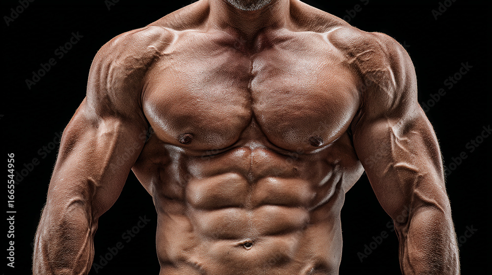 Fototapeta premium Close up of a muscular man's torso with defined abs and chest muscles
