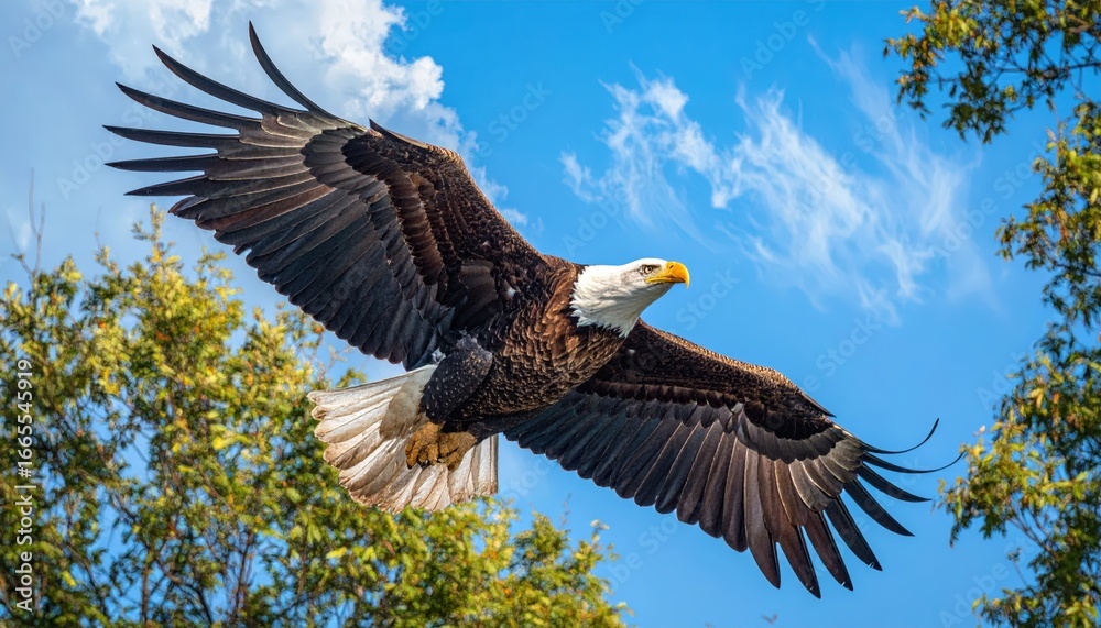 Fototapeta premium A majestic bald eagle soars against a vibrant blue sky, its wings fully spread above lush green trees