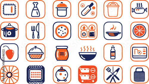 Culinary icons representing various food items and cooking equipment in a stylized orange and blue palette