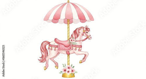 Watercolor rendering of a pink and white carousel horse with a striped canopy and flower accents, evoking whimsical charm.