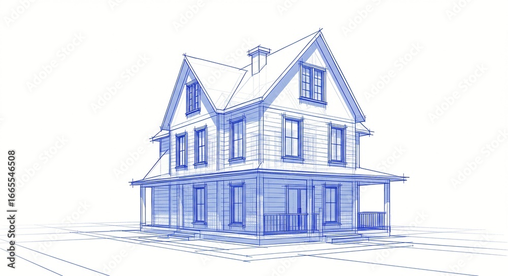 Fototapeta premium Architectural blueprint of a two-story house, showcasing a classic design with dormers and a front porch detail.