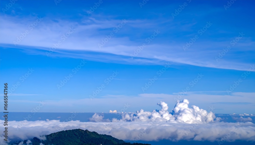 Fototapeta premium A vast expanse of a vibrant blue sky, dotted with fluffy white clouds, stretches above a sea of clouds, showcasing a majestic vista.