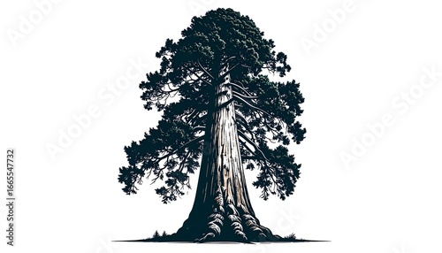 A majestic illustration of a towering sequoia tree, rendered in a detailed woodcut style, against a stark white background.