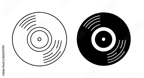 Single vector icon of a vinyl record or music disc | Includes a thin line art version next to a matching silhouette version. Minimal, clean, monochrome, isolated on white background, flat vector style