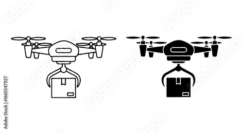Single vector icon of a delivery drone carrying a package| Includes a thin line art version next to a matching silhouette version. Minimal, clean, monochrome, isolated on white background, flat vector