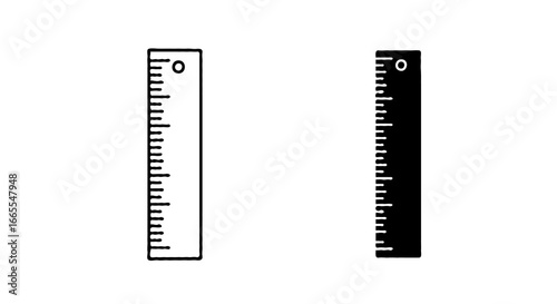 Single vector icon of a measuring ruler |  Includes a thin line art version next to a matching silhouette version. Minimal, clean, monochrome, isolated on white background, flat vector style