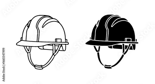 Single vector icon of a construction safety helmet | Includes a thin line art version next to a matching silhouette version. Minimal, clean, monochrome, isolated on white background, flat vector style