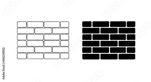 Single vector icon of a brick wall | Includes a thin line art version next to a matching silhouette version. Minimal, clean, monochrome, isolated on white background, flat vector style