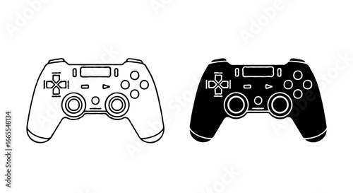 Single vector icon of a game controller | Includes a thin line art version next to a matching silhouette version. Minimal, clean, monochrome, isolated on white background, flat vector style