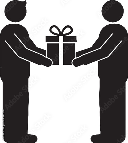 Two People Exchanging Gift Icon, Black Silhouette