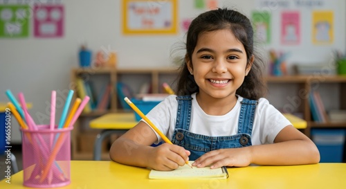 Happy young Indian girl student sitting at desk writing in notebook in classroom. Cute elementary school child learning, doing homework and smiling at camera.