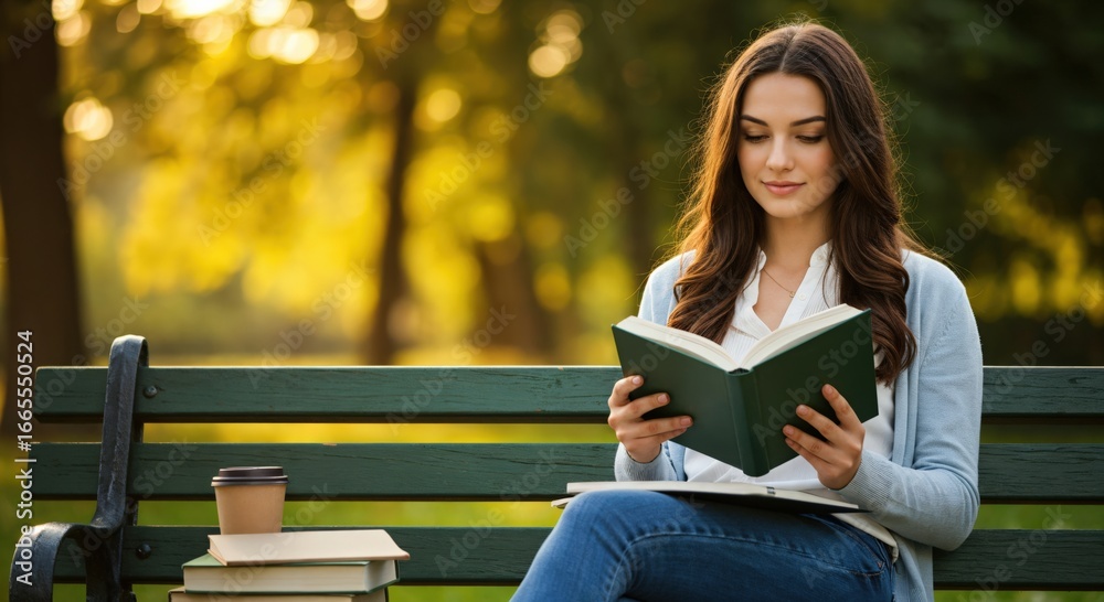 Obraz premium Serene young woman enjoying a book while sitting on a park bench. Peaceful outdoor scene with golden sunlight.